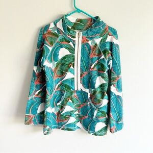 Tracy Negoshian Palm Print Half Zip Long Sleeve Top Medium
